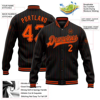 Custom Black Orange Pinstripe Orange Bomber Full-Snap Varsity Letterman Jacket