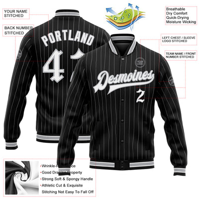 Custom Black Gray Pinstripe White Bomber Full-Snap Varsity Letterman Jacket