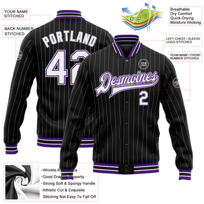 Custom Black Gray Pinstripe White-Purple Bomber Full-Snap Varsity Letterman Jacket