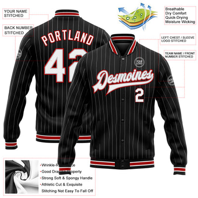 Custom Black Gray Pinstripe White-Red Bomber Full-Snap Varsity Letterman Jacket