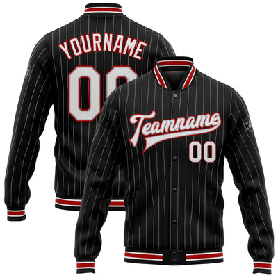 Custom Black Gray Pinstripe White-Red Bomber Full-Snap Varsity Letterman Jacket