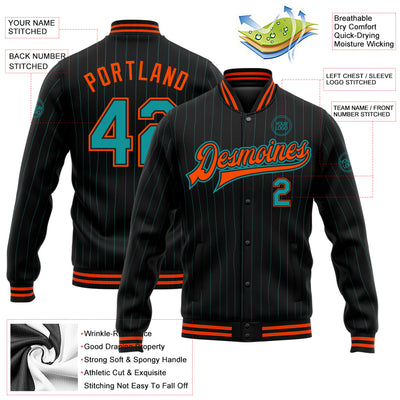 Custom Black Teal Pinstripe Orange Bomber Full-Snap Varsity Letterman Jacket