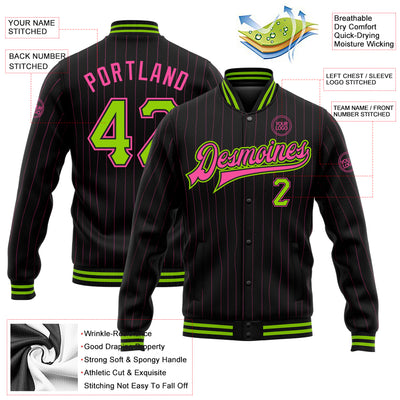 Custom Black Pink Pinstripe Neon Green Bomber Full-Snap Varsity Letterman Jacket