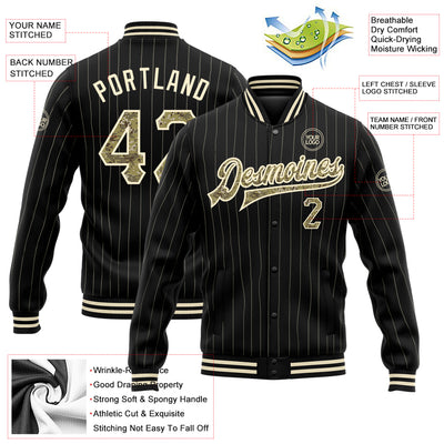 Custom Black Cream Pinstripe Camo Bomber Full-Snap Varsity Letterman Jacket