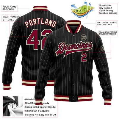 Custom Black Cream Pinstripe Maroon Bomber Full-Snap Varsity Letterman Jacket