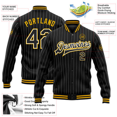 Custom Black White Pinstripe Gold Bomber Full-Snap Varsity Letterman Jacket