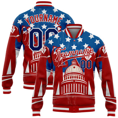 Custom Red US Navy Blue-Royal American Flag Fashion United States Congress Building 3D Pattern Design Bomber Full-Snap Varsity Letterman Jacket