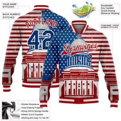 Custom Red US Navy Blue-Royal American Flag Fashion United States Congress Building 3D Pattern Design Bomber Full-Snap Varsity Letterman Jacket