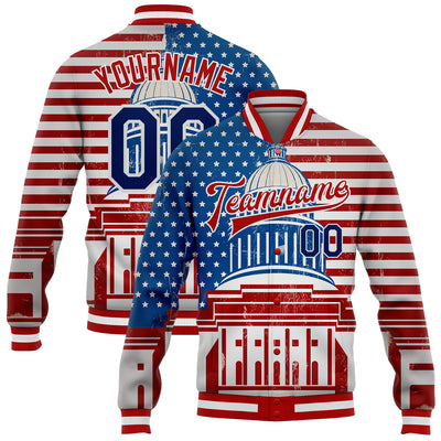 Custom Red US Navy Blue-Royal American Flag Fashion United States Congress Building 3D Pattern Design Bomber Full-Snap Varsity Letterman Jacket