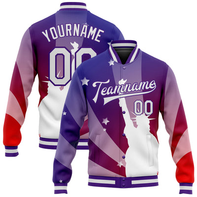 Custom Purple White-Red Statue of Liberty 3D Pattern Design Bomber Full-Snap Varsity Letterman Jacket