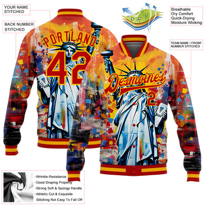 Custom Gold Red Statue of Liberty Independence Day 3D Pattern Design Bomber Full-Snap Varsity Letterman Jacket