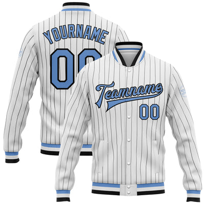 Custom Varsity Letterman Jacket White Black Pinstripe Light Blue Bomber Full-Snap Men's Size:L