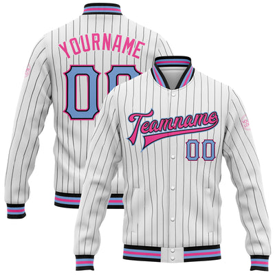 Custom Varsity Letterman Jacket White Black Pinstripe Light Blue Bomber Full-Snap Men's Size:L