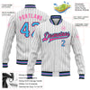 Custom White Black Pinstripe Sky Blue-Pink Bomber Full-Snap Varsity Letterman Jacket