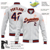 Custom White Navy Pinstripe Orange Bomber Full-Snap Varsity Letterman Jacket