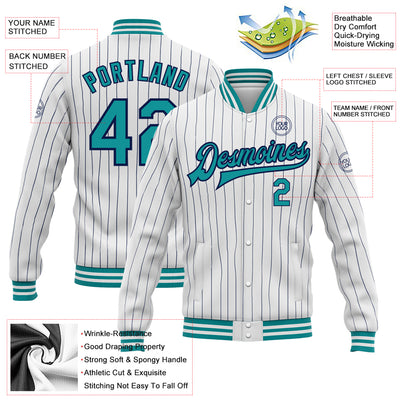 Custom White Navy Pinstripe Teal Bomber Full-Snap Varsity Letterman Jacket