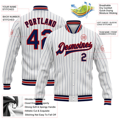 Custom White Navy Pinstripe Red Bomber Full-Snap Varsity Letterman Jacket