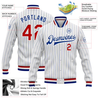 Custom White Royal Pinstripe Red Bomber Full-Snap Varsity Letterman Jacket