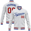 Custom White Royal Pinstripe Red Bomber Full-Snap Varsity Letterman Jacket