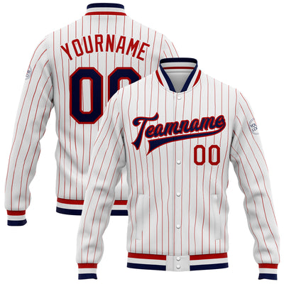 Custom White Red Pinstripe Navy Bomber Full-Snap Varsity Letterman Jacket