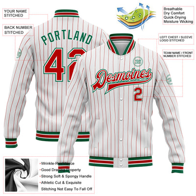 Custom White Red Pinstripe Kelly Green Bomber Full-Snap Varsity Letterman Jacket