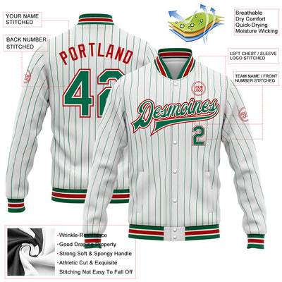 Custom White Kelly Green Pinstripe Red Bomber Full-Snap Varsity Letterman Jacket