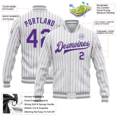 Custom White Purple Pinstripe Gray Bomber Full-Snap Varsity Letterman Jacket