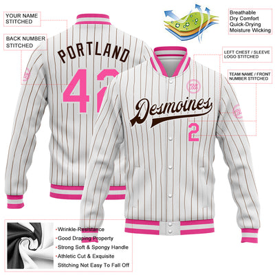 Custom White Brown Pinstripe Pink Bomber Full-Snap Varsity Letterman Jacket