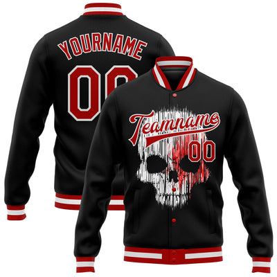 Custom Black Red-White Skull Fashion 3D Bomber Full-Snap Varsity Letterman Jacket