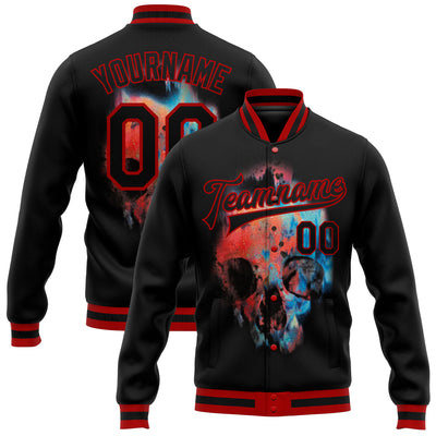 Custom Black Red Skull Fashion 3D Bomber Full-Snap Varsity Letterman Jacket