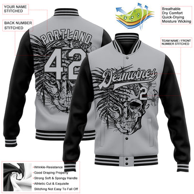 Custom Gray Black Tropical Plant Leopard Skull Fashion 3D Bomber Full-Snap Varsity Letterman Two Tone Jacket