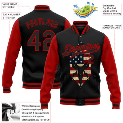 Custom Black Red Spartan Logo With Vintage USA Flag 3D Pattern Design Bomber Full-Snap Varsity Letterman Two Tone Jacket