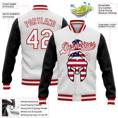 Custom White Red-Black Spartan Logo With USA Flag 3D Pattern Design Bomber Full-Snap Varsity Letterman Two Tone Jacket