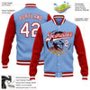 Custom Light Blue White-Red Spartan Logo 3D Pattern Design Bomber Full-Snap Varsity Letterman Two Tone Jacket