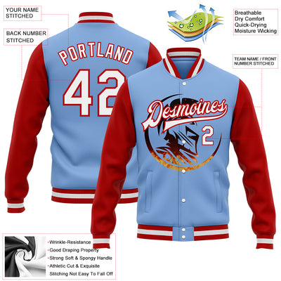 Custom Light Blue White-Red Spartan Logo 3D Pattern Design Bomber Full-Snap Varsity Letterman Two Tone Jacket