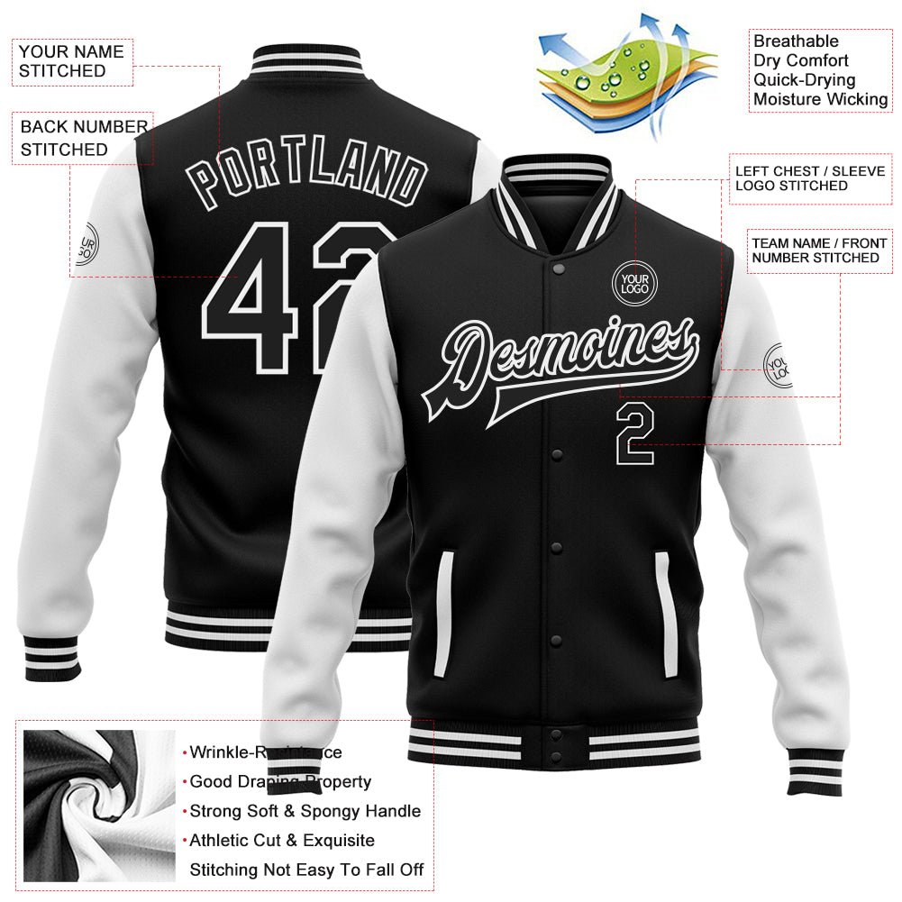 Custom Black White Bomber Full-Snap Varsity Letterman Two Tone Jacket