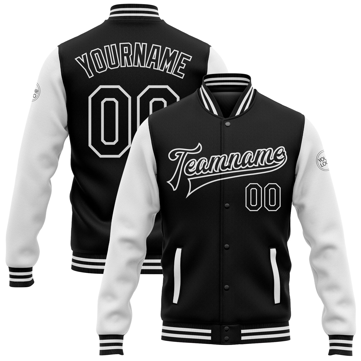 Custom Black White Bomber Full-Snap Varsity Letterman Two Tone Jacket