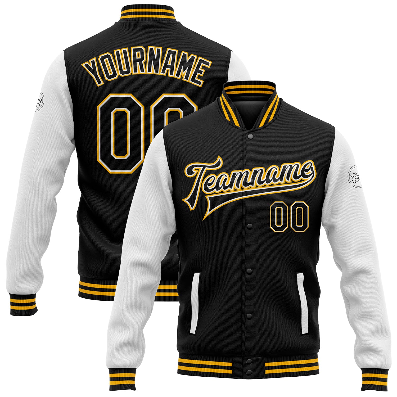 Custom Two Tone Jacket Black White-Gold Bomber Full-Snap Varsity