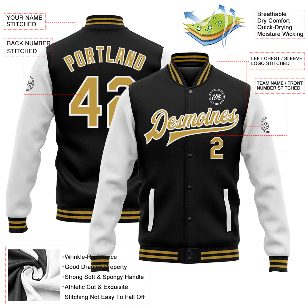 Custom Black Old Gold-White Bomber Full-Snap Varsity Letterman Two Tone Jacket