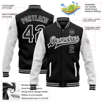 Custom Black White-Gray Bomber Full-Snap Varsity Letterman Two Tone Jacket