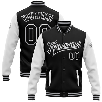 Custom Black White-Gray Bomber Full-Snap Varsity Letterman Two Tone Jacket