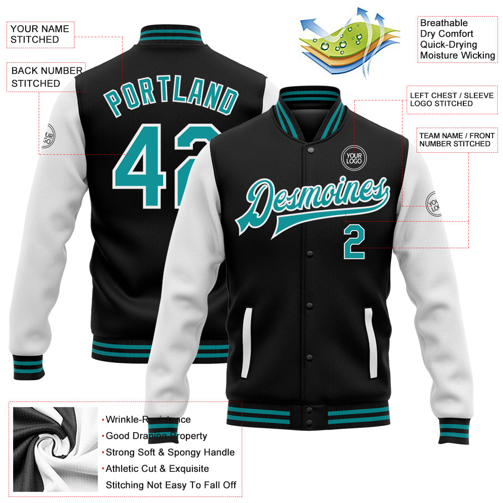 Custom Black Teal-White Bomber Full-Snap Varsity Letterman Two Tone Jacket