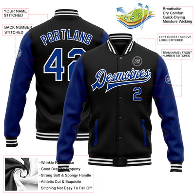 Custom Black Royal-White Bomber Full-Snap Varsity Letterman Two Tone Jacket