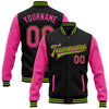 Custom Black Pink-Neon Green Bomber Full-Snap Varsity Letterman Two Tone Jacket