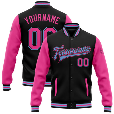 Custom Black Pink-Light Blue Bomber Full-Snap Varsity Letterman Two Tone Jacket