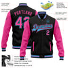 Custom Black Pink-Sky Blue Bomber Full-Snap Varsity Letterman Two Tone Jacket