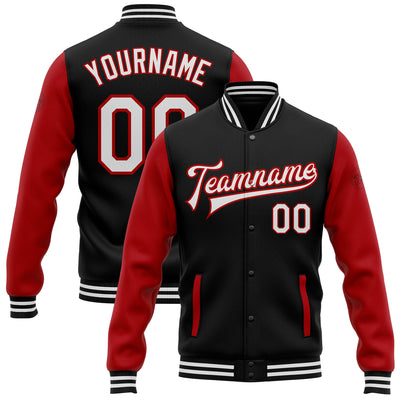 Custom Black White-Red Bomber Full-Snap Varsity Letterman Two Tone Jacket