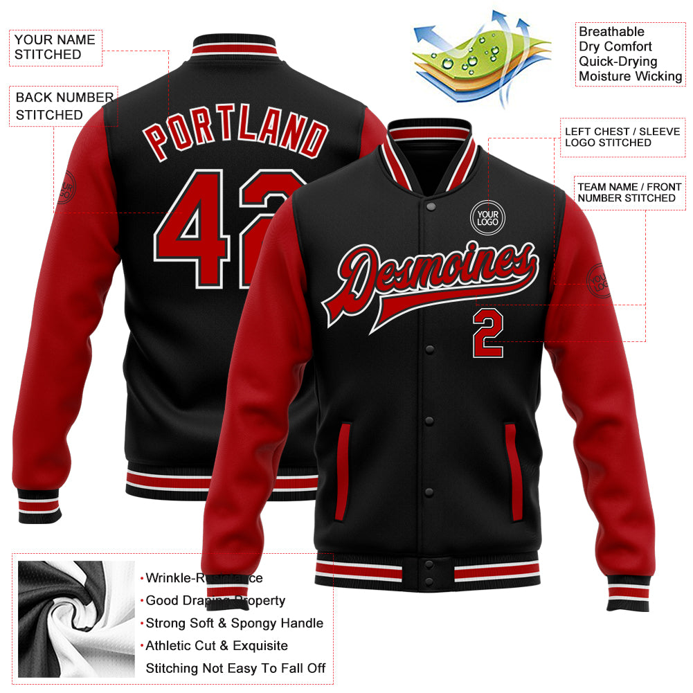 Custom Black Red-White Bomber Full-Snap Varsity Letterman Two Tone Jacket