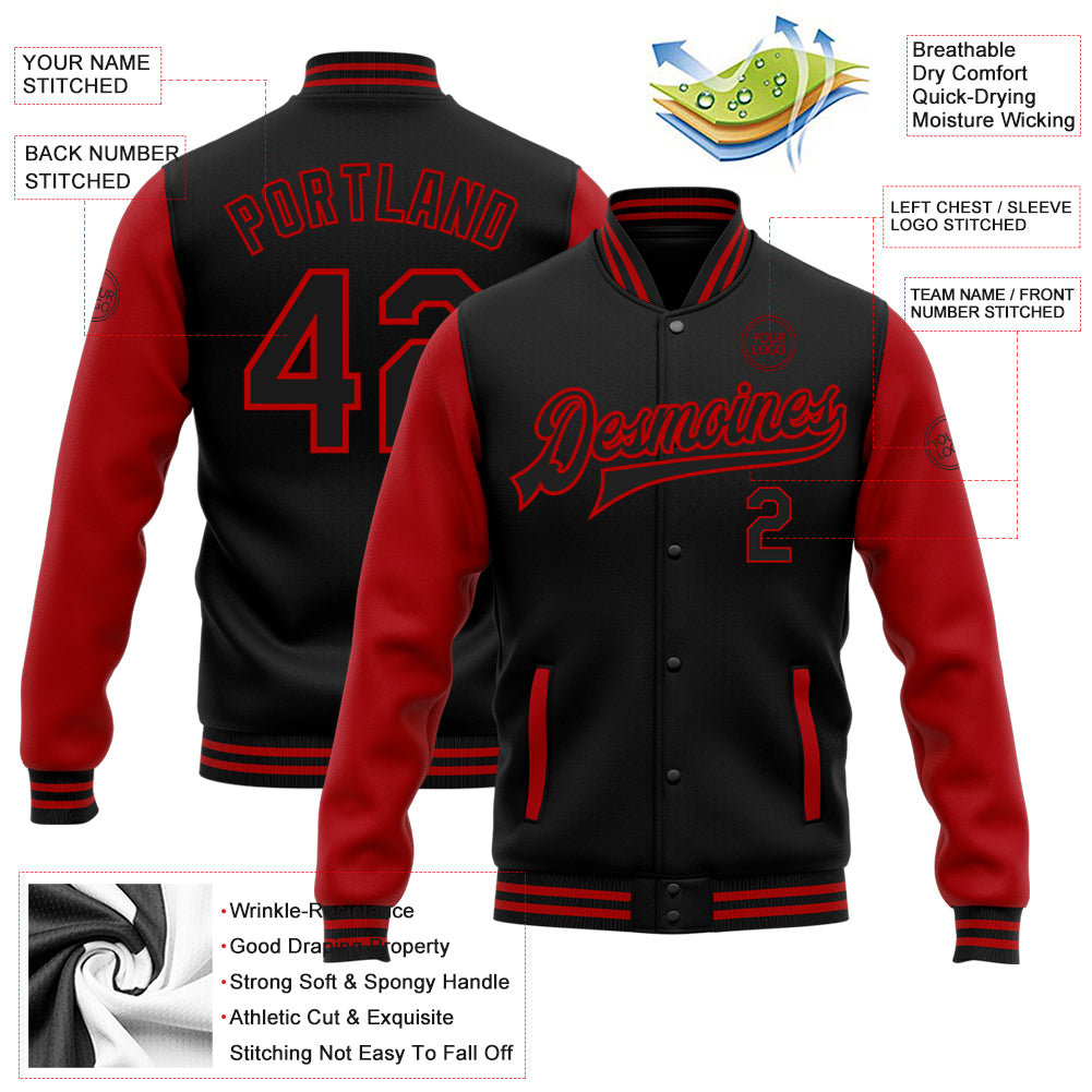 Custom Black Red Bomber Full-Snap Varsity Letterman Two Tone Jacket