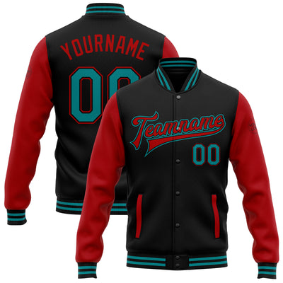 Custom Black Teal-Red Bomber Full-Snap Varsity Letterman Two Tone Jacket